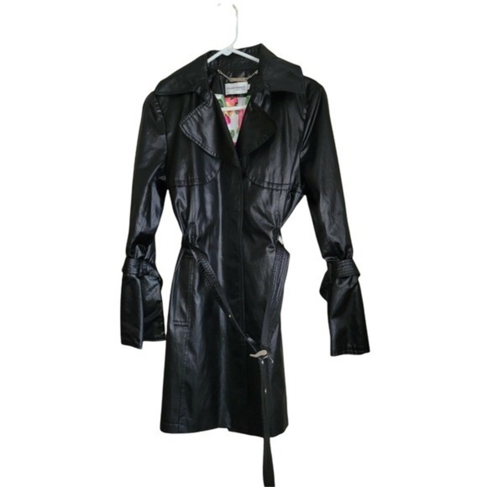Hilary Radley New York Womens Black Faux Leather Trench Coat Belted Lined Size S